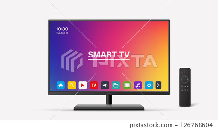 Smart TV Vector Illustration with Remote Control. Modern Smart TV Vector Art for Interface Design. Realistic Smart TV Vector for Technology Mockup. Stylish Television and Remote for App and Branding 126768604
