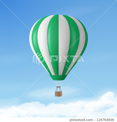 Vector Travel Banner with 3d Realistic Hot Air Balloon Icon on a Blue Sky Background. Design Template, Summer Vacation, Travelling, Tourism and Journey Concept Vector Travel Banner with 3d Realistic Hot Air Balloon Icon on a Blue Sky Background. Design Template, Summer Vacation, Travelling, Tourism and Journey Concept 126768606