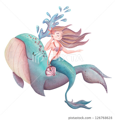 Watercolor mermaid with cute whale in blue, ready print. Illustration of children linen or kids textiles. Drawing for nursery wall. Watercolor mermaid with cute whale in blue, ready print. Illustration of children linen or kids textiles. Drawing for nursery wall. 126768628