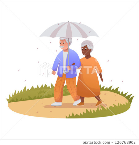 Cute elderly couple walking in the rain together. Happy seniors spending time outdoors together Cute elderly couple walking in the rain together. Happy seniors spending time outdoors together 126768902