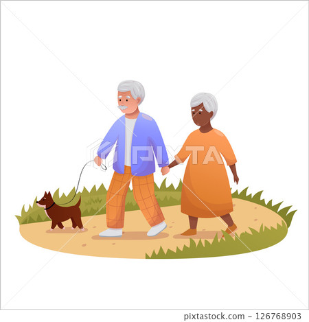 Cute elderly couple walking with dog in park. Happy seniors spending time outdoors together 126768903