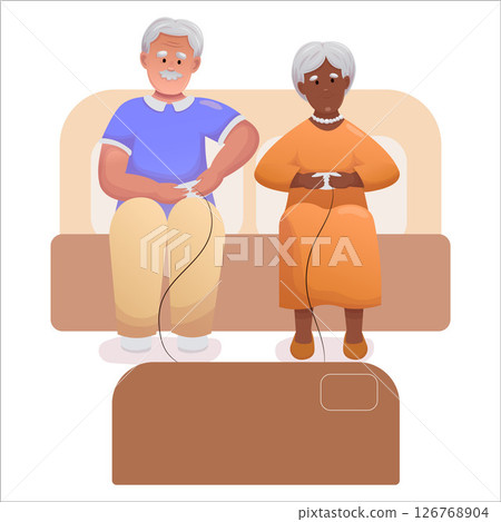 Cute elderly couple playing video games together. Happy seniors spending time together actively Cute elderly couple playing video games together. Happy seniors spending time together actively 126768904