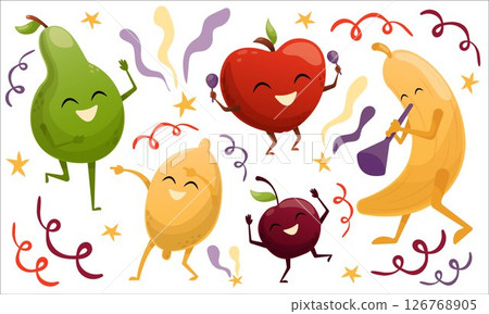Vector illustration of dancing fruits. Fruits at party Vector illustration of dancing fruits. Fruits at party 126768905