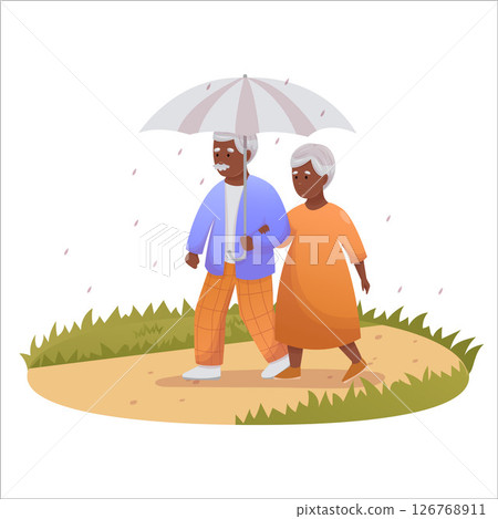 Cute elderly couple walking in the rain together. Happy seniors spending time outdoors together 126768911