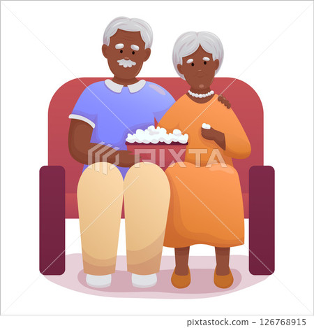 Cute elderly couple watching movie with popcorn. Happy seniors spending time together actively Cute elderly couple watching movie with popcorn. Happy seniors spending time together actively 126768915