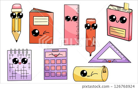 Kawaii accessories for study, student equipment. Back to school 126768924