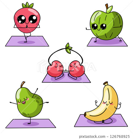 Set of fruits doing yoga. Kawaii style 126768925