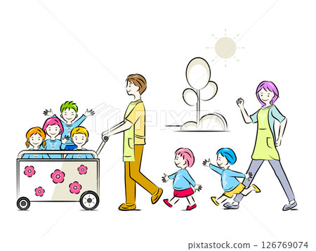 推著嬰兒車散步的孩子和保育員、幼兒園老師 |托兒所和幼兒園插圖系列 126769074