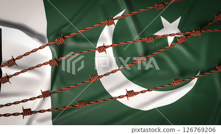 The Pakistan flag and Barbed wire image 3d Rendering. 126769206