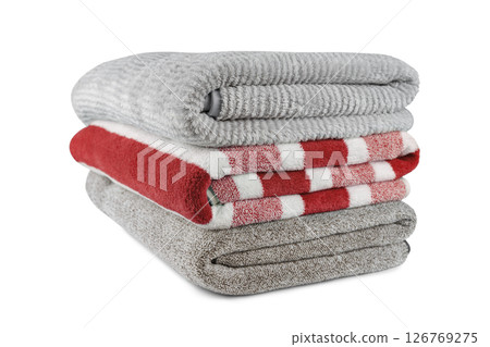 Soft fluffy striped grey and red bath towels folded in stack isolated on white background 126769275
