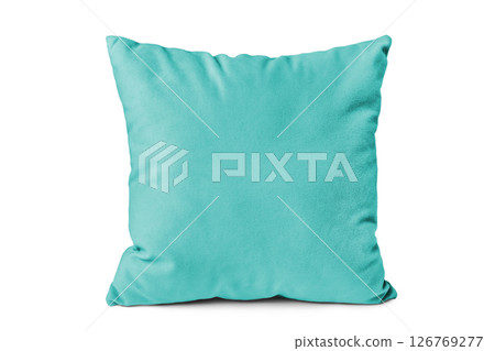 Decorative turquoise velvet rectangular pillow for sleeping and resting isolated on white background 126769277