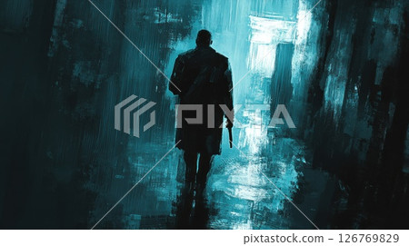 Dark Alleyway, Man Walks Away, Urban Scene, Silhouette, Mystery Dark Alleyway, Man Walks Away, Urban Scene, Silhouette, Mystery 126769829