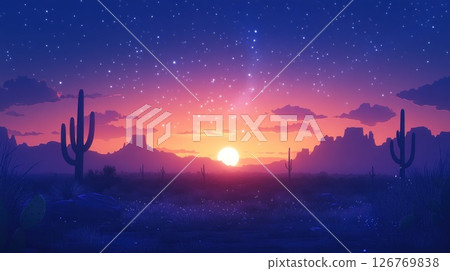 Desert Sunrise with Cacti, Starry Night Sky 126769838