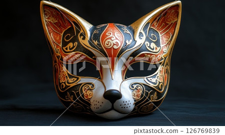 Detailed ornate cat-like Venetian mask on dark background 126769839