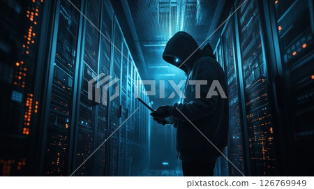 Hacker in Server Room, Data Breach, Surveillance, Cybercrime 126769949
