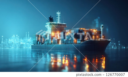 Futuristic Cargo Ship at Night with Cityscape Background 126770007