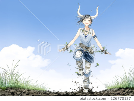 Illustration material of a bison fairy happily walking through the grassland 126770127