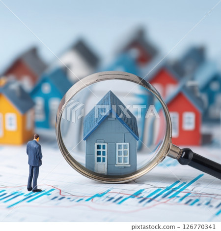 Businessman watching miniature house through magnifying glass on charts 126770341
