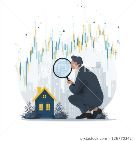 Businessman analyzing real estate market trends with magnifying glass 126770342