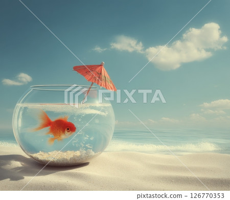 Goldfish enjoying summer vacation in fishbowl on beach 126770353