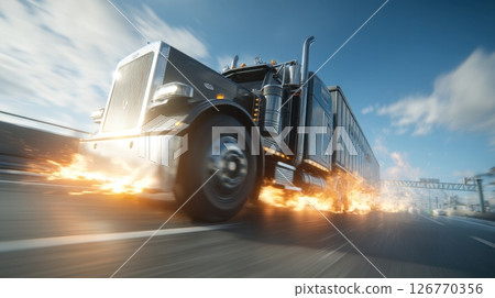 Black semi truck speeding on highway with flames below Black semi truck speeding on highway with flames below 126770356