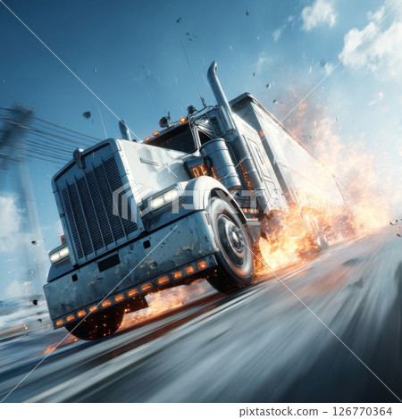 Massive semi truck speeding on highway with sparks flying during daytime Massive semi truck speeding on highway with sparks flying during daytime 126770364