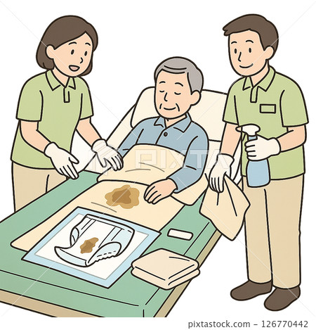 Two caregivers are putting on gloves while handling the 126770442