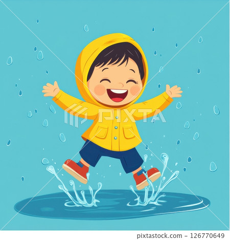 Happy Kid in Yellow Raincoat Jumping in Puddles with Joyful Expression 126770649