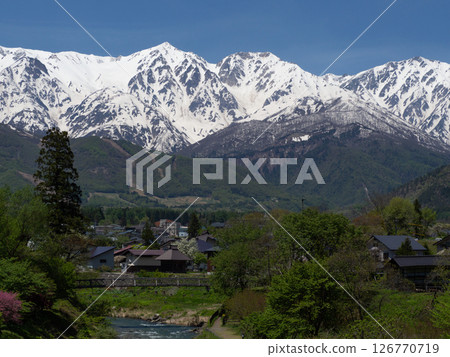 Snow still remaining in the Northern Alps mountains, Hakuba Village, Nagano Prefecture 126770719