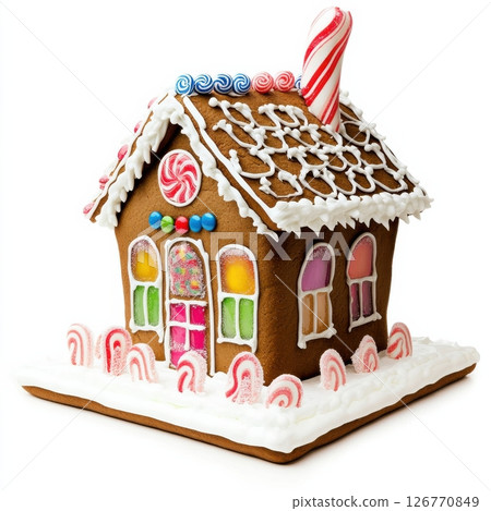 Delightful Gingerbread House Design with Candy Windows and Roof 126770849