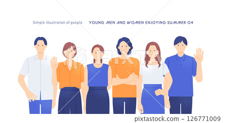 Summer youth Set of vector illustrations of young men and women wearing polo shirts and short sleeves Summer youth Set of vector illustrations of young men and women wearing polo shirts and short sleeves 126771009