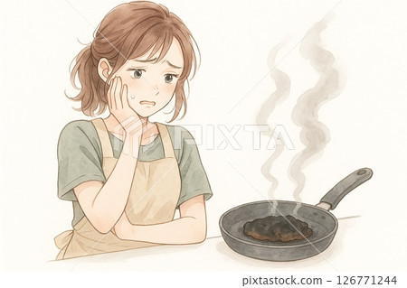 一位女士在食物燒焦後心情低落的插圖（水平 3:2 白色背景） 126771244