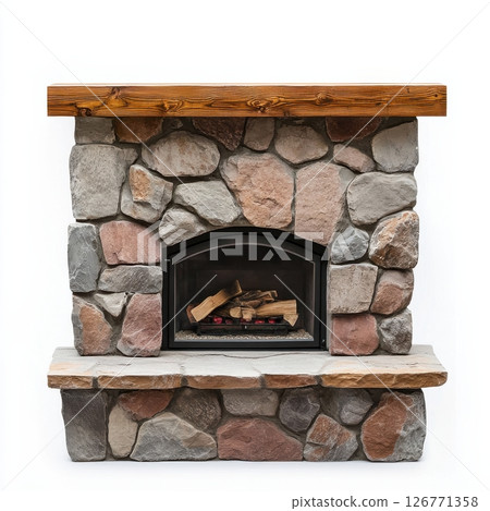 Rustic Stone Fireplace with Natural Uneven Texture and Wood Mantel 126771358