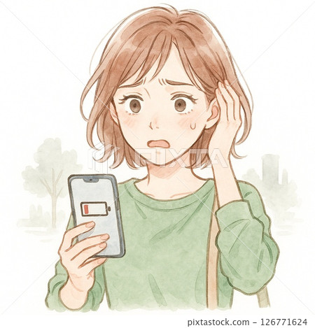 Watercolor illustration of a woman anxious about her smartphone running out of battery (horizontal 3:2) 126771624