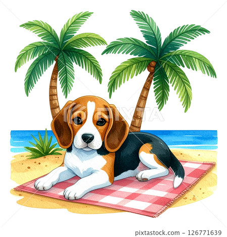 一隻小獵犬在棕櫚樹環繞的沙灘上休息的插圖 2/傳單或海報材料 126771639