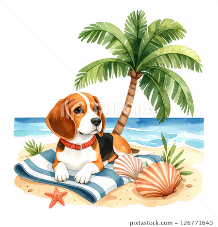 一隻小獵犬在棕櫚樹環繞的沙灘上休息的插圖 1 / 傳單或海報材料 126771640