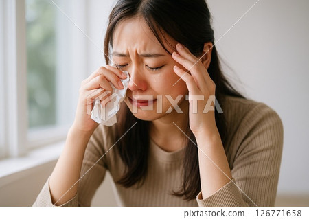 Horizontal stock photo of a woman crying uncontrollably 126771658