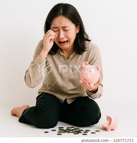 A woman crying because her piggy bank is broken and she is broke on a white background - stock photo 126771721
