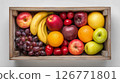 Fresh assorted fruits in a rustic wooden box 126771801
