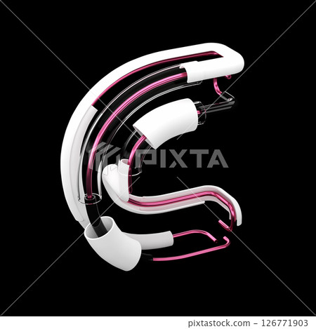 Metallic alphabet of letter C. 3D stylized text style font. Metal tube shape consists of steel and glass. Abstract plastic tube isolated on black background. 3d Rendering 126771903