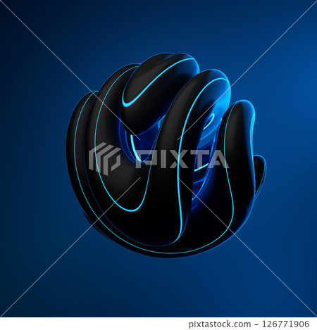 Abstract art with surreal 3d organic ball in curve wavy smooth and soft bio forms in matte aluminium metal material inside glass sphere with blue light on black background. 3d rendering Abstract art with surreal 3d organic ball in curve wavy smooth and soft bio forms in matte aluminium metal material inside glass sphere with blue light on black background. 3d rendering 126771906