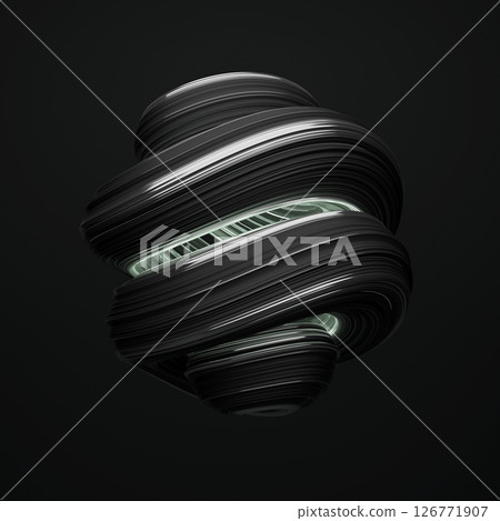 Black abstract twisted shape. Monochrome round geometry, gradient curve background, Computer generated geometric illustration. 3D rendering 126771907