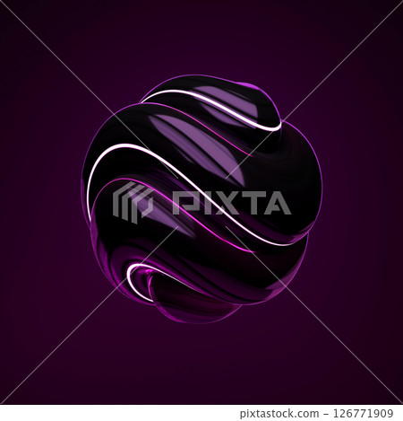 Abstract art with surreal 3d organic ball in curve wavy smooth and soft bio forms in matte aluminium metal material inside glass sphere with blue light on black background. 3d rendering Abstract art with surreal 3d organic ball in curve wavy smooth and soft bio forms in matte aluminium metal material inside glass sphere with blue light on black background. 3d rendering 126771909