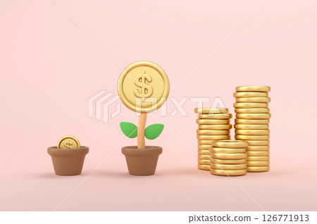 3d money tree with golden coin flower in pot on orange background. Business profit investment, finance education, earning income, business development concept. 3d rendering 126771913