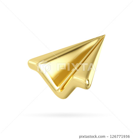 3D gold paper plane. Send email or message concept. Online social media. Realistic design illustration isolated on white background. 3d send icon .3D Rendering 126771936
