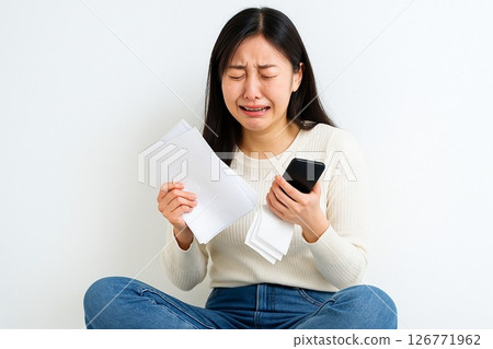 Woman crying over bill and smartphone on white background - stock photo 126771962