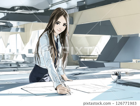 Illustration material of a smiling career woman writing on paper with a pen Illustration material of a smiling career woman writing on paper with a pen 126771983