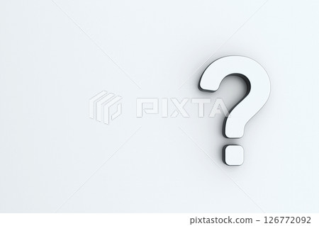 Front view of white question mark on white wall background. Business support concept. Question mark sign banner. 3D rendering Front view of white question mark on white wall background. Business support concept. Question mark sign banner. 3D rendering 126772092