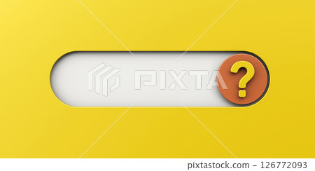 Front view of question mark with circle text box frame on yellow wall background. Business support concept. Question mark sign banner. 3D rendering Front view of question mark with circle text box frame on yellow wall background. Business support concept. Question mark sign banner. 3D rendering 126772093