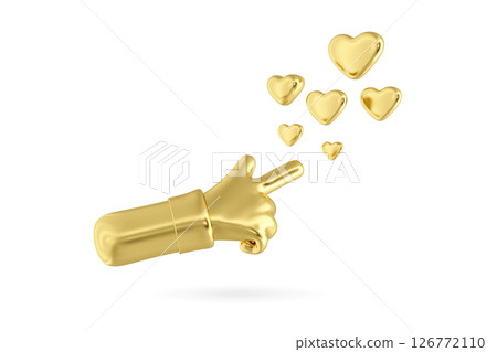 Gold index finger icon with heart icon isolated on white background. Gold hand pressing a heart button with index finger, 3d rendering 126772110